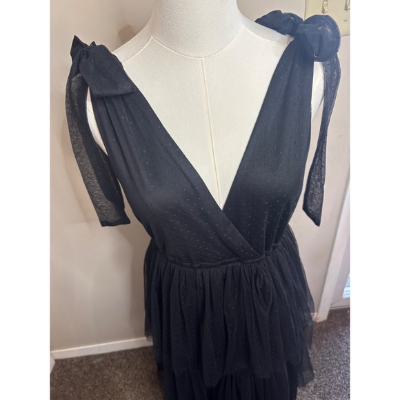 Three Bird Nest BohoBlack Tulle Tiered Midi Dress Swiss Dot Tie Shoulder V-Neck - Picture 5 of 10